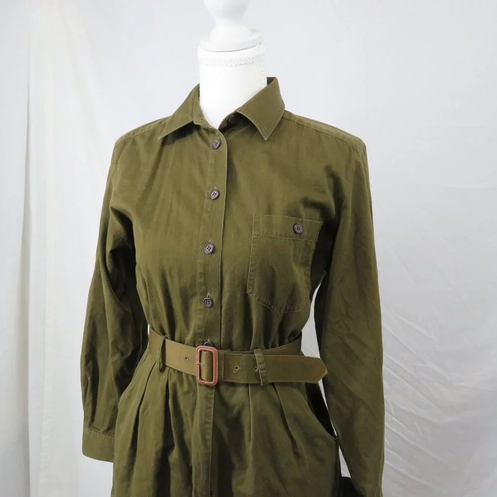 Vintage Charter Club Petites Olive Green Utility Shirt Dress | Size 10P xs/s - Picture 3 of 5